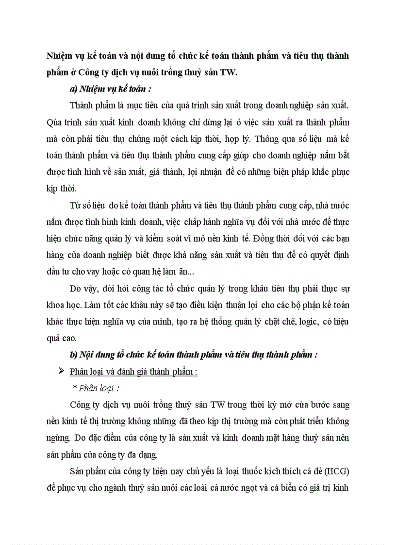 Nhiệm vụ kế toán và nội dung tổ chức kế toán thành phẩm và tiêu thụ thành phẩm ở Công ty dịch vụ nuôi trồng thuỷ sản TW