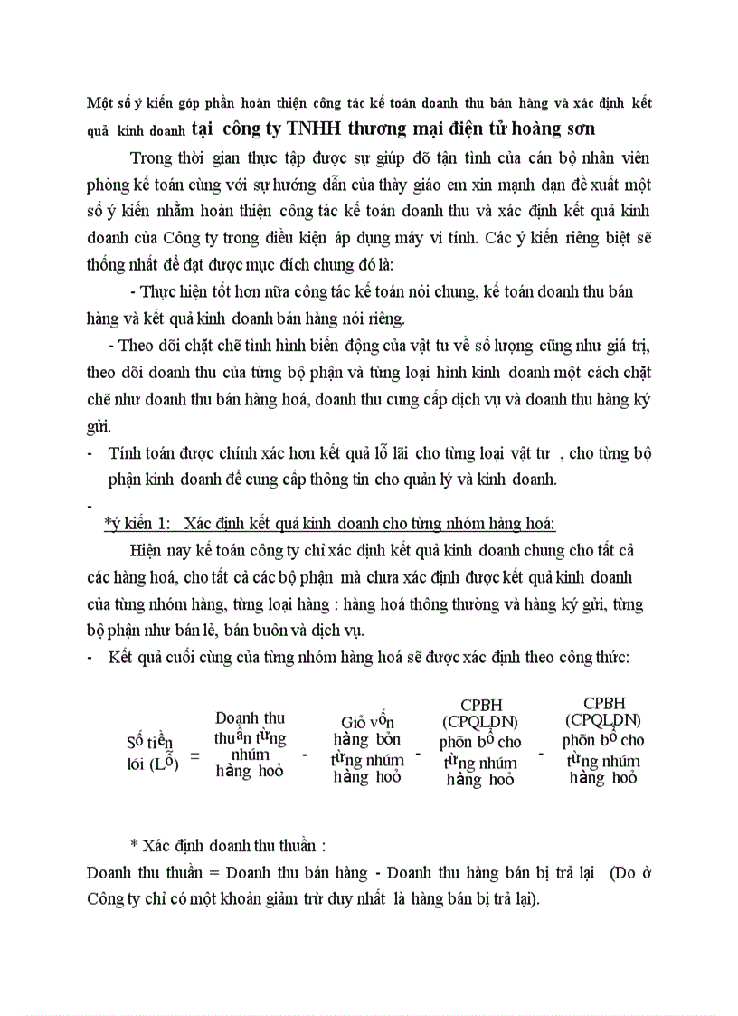 Một số ý kiến góp phần hoàn thiện công tác kế toán doanh thu bán hàng và xác định kết quả kinh doanh tại công ty TNHH thương mại điện tử hoàng sơn