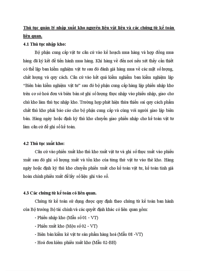Thủ tục quản lý nhập xuất kho nguyên liệu vật liệu và các chứng từ kế toán liên quan