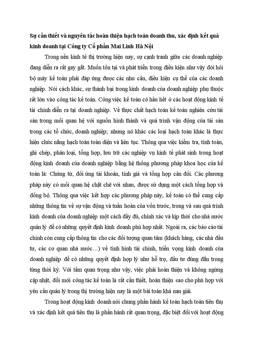 Sự cần thiết và nguyên tắc hoàn thiện hạch toán doanh thu xác định kết quả kinh doanh tại Công ty Cổ phần Mai Linh Hà Nội