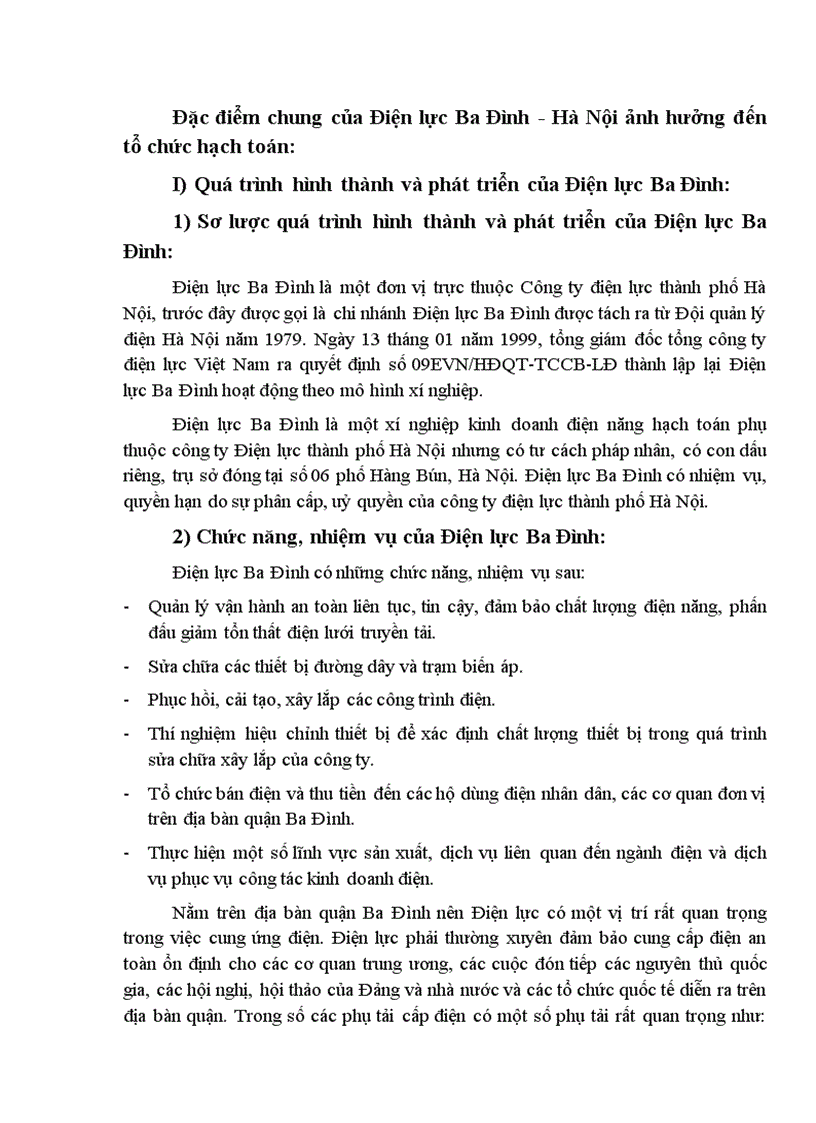 Đặc điểm chung của Điện lực Ba Đình Hà Nội ảnh hưởng đến tổ chức hạch toán