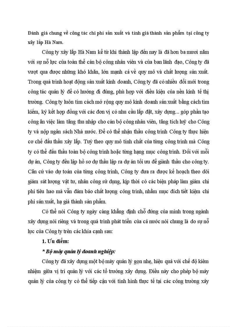 Đánh giá chung về công tác chi phí sản xuất và tính giá thành sản phẩm tại công ty xây lắp Hà Nam