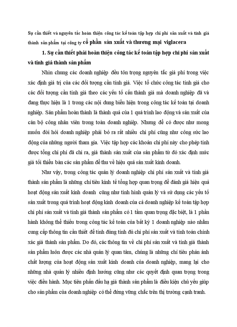 Sự cần thiết và nguyên tắc hoàn thiện công tác kế toán tập hợp chi phí sản xuất và tính giá thành sản phẩm tại công ty cổ phần sản xuất và thương mại viglacera