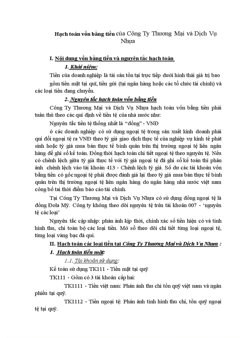 Hạch toán vốn bằng tiền của Công Ty Thương Mại và Dịch Vụ Nhựa