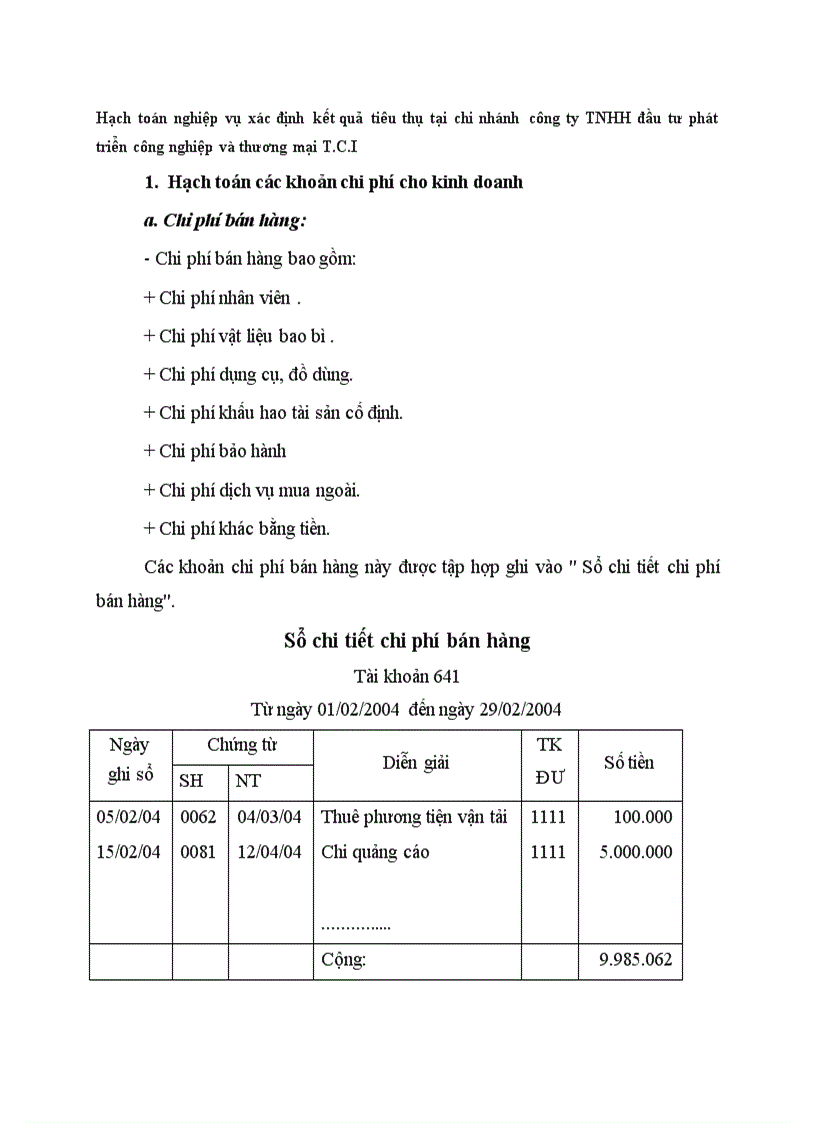 Hạch toán nghiệp vụ xác định kết quả tiêu thụ tại chi nhánh công ty TNHH đầu tư phát triển công nghiệp và thương mại T C I