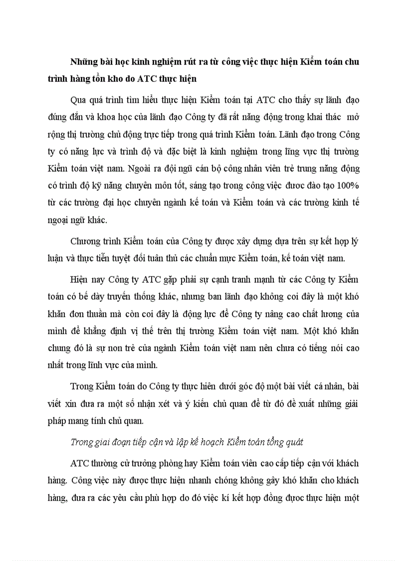 Những bài học kinh nghiệm rút ra từ công việc thực hiện Kiểm toán chu trình hàng tồn kho do ATC thực hiện