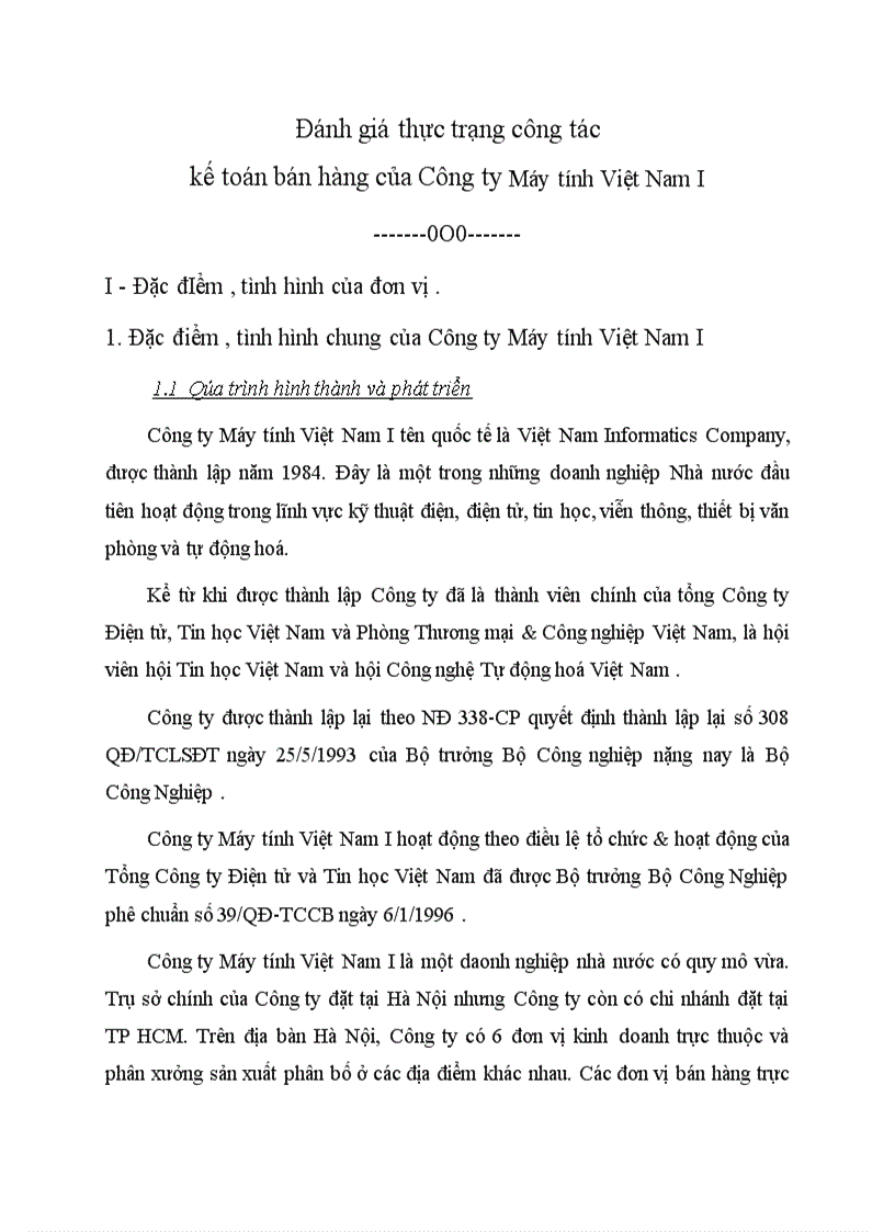 Đánh giá thực trạng công tác kế toán bán hàng của Công ty Máy tính Việt Nam I