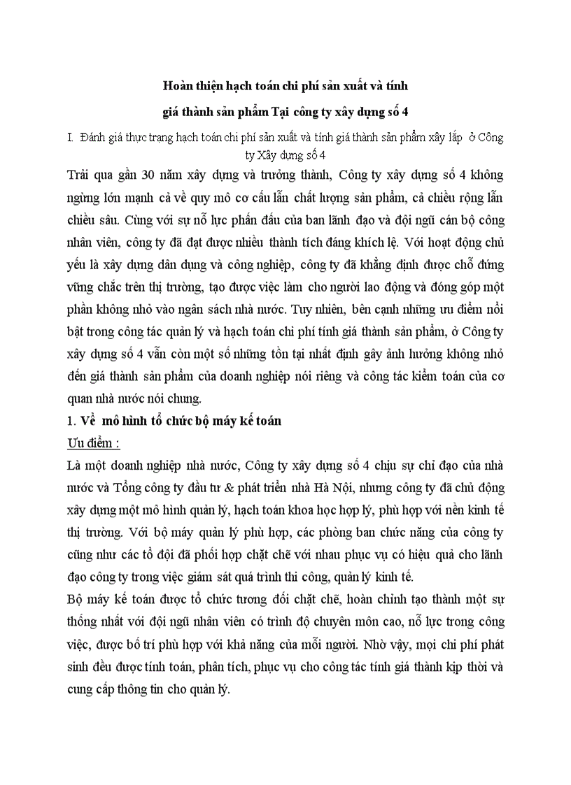Hoàn thiện hạch toán chi phí sản xuất và tính giá thành sản phẩm Tại công ty xây dựng số 4