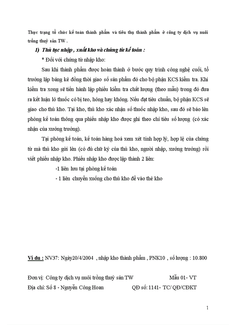 Thực trạng tổ chức kế toán thành phẩm và tiêu thụ thành phẩm ở công ty dịch vụ nuôi trồng thuỷ sản TW
