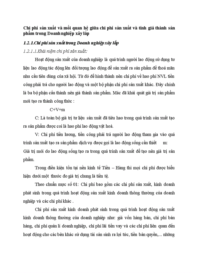 Chi phí sản xuất và mối quan hệ giữa chi phí sản xuất và tính giá thành sản phẩm trong Doanh nghiệp xây lắp