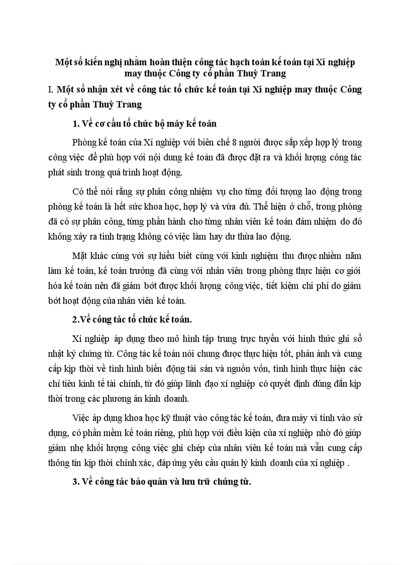 Một số kiến nghị nhằm hoàn thiện công tác hạch toán kế toán tại Xí nghiệp may thuộc Công ty cổ phần Thuỳ Trang