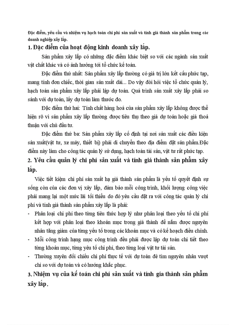 Đặc điểm yêu cầu và nhiệm vụ hạch toán chi phí sản xuất và tính giá thành sản phẩm trong các doanh nghiệp xây lắp
