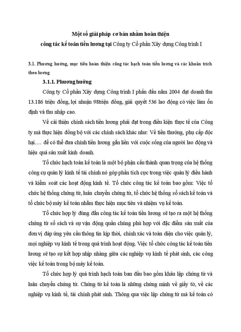 Một số giải pháp cơ bản nhằm hoàn thiện công tác kế toán tiền lương tại Công ty Cổ phần Xây dựng Công trình I