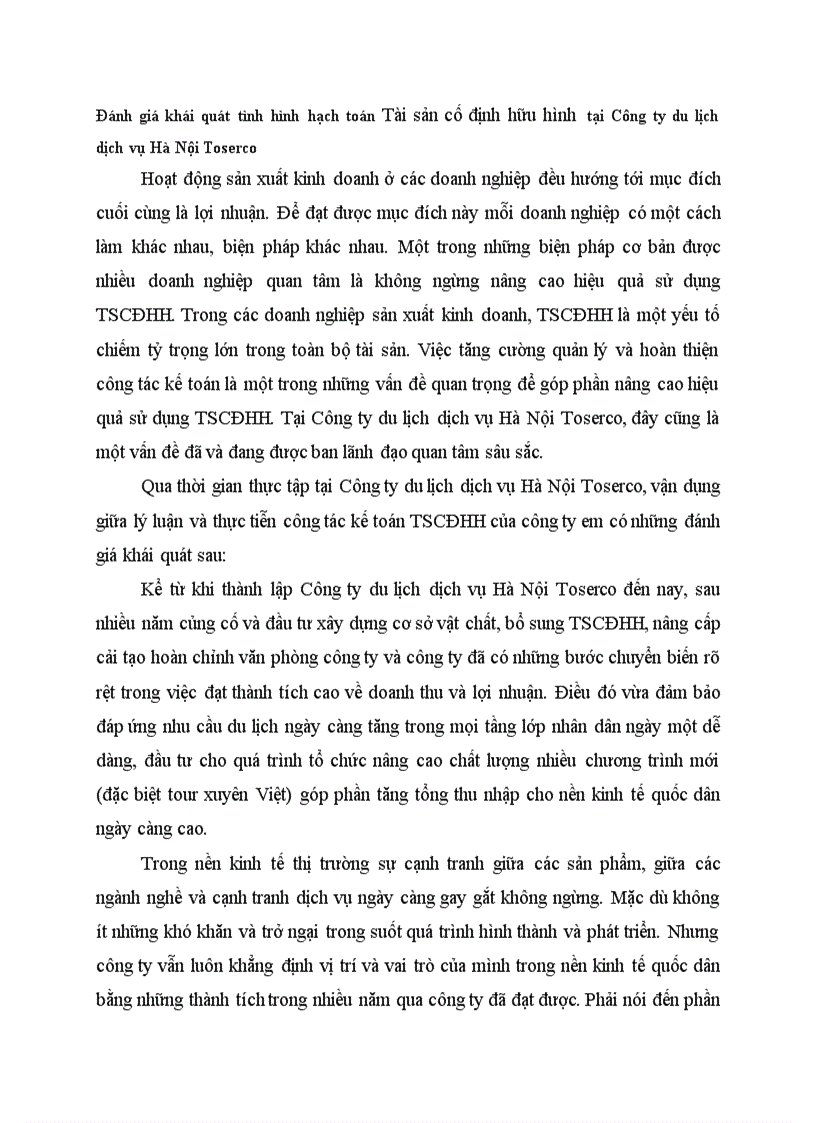 Đánh giá khái quát tình hình hạch toán Tài sản cố định hữu hình tại Công ty du lịch dịch vụ Hà Nội Toserco