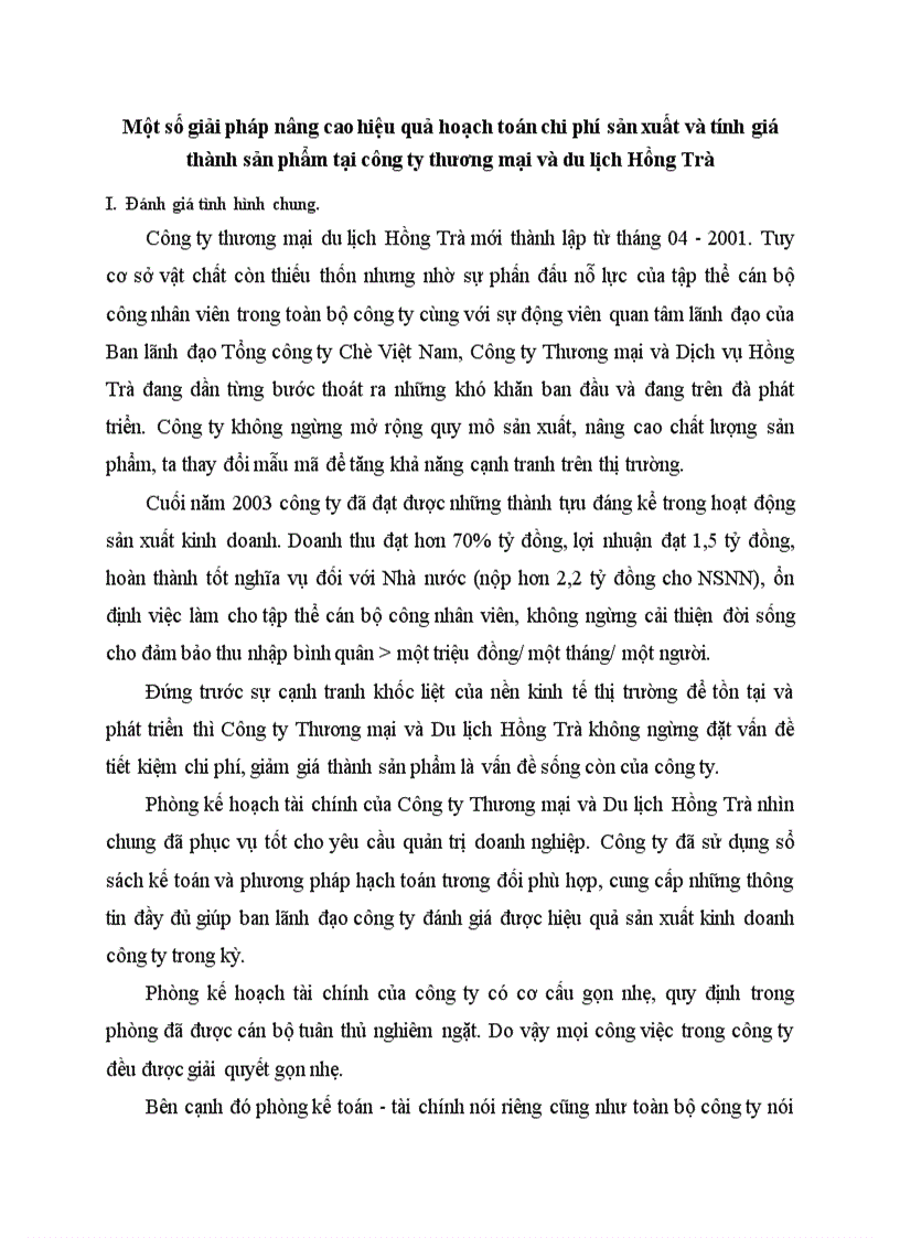 Một số giải pháp nâng cao hiệu quả hoạch toán chi phí sản xuất và tính giá thành sản phẩm tại công ty thương mại và du lịch Hồng Trà