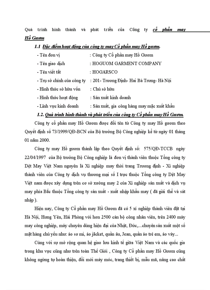 Quá trình hình thành và phát triển của Công ty cổ phần may Hồ Gươm