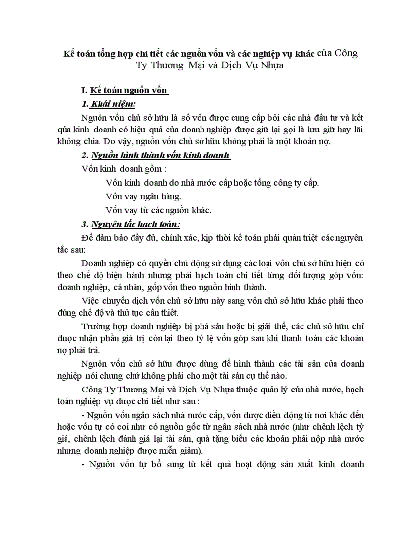 Kế toán tổng hợp chi tiết các nguồn vốn và các nghiệp vụ khác của Công Ty Thương Mại và Dịch Vụ Nhựa