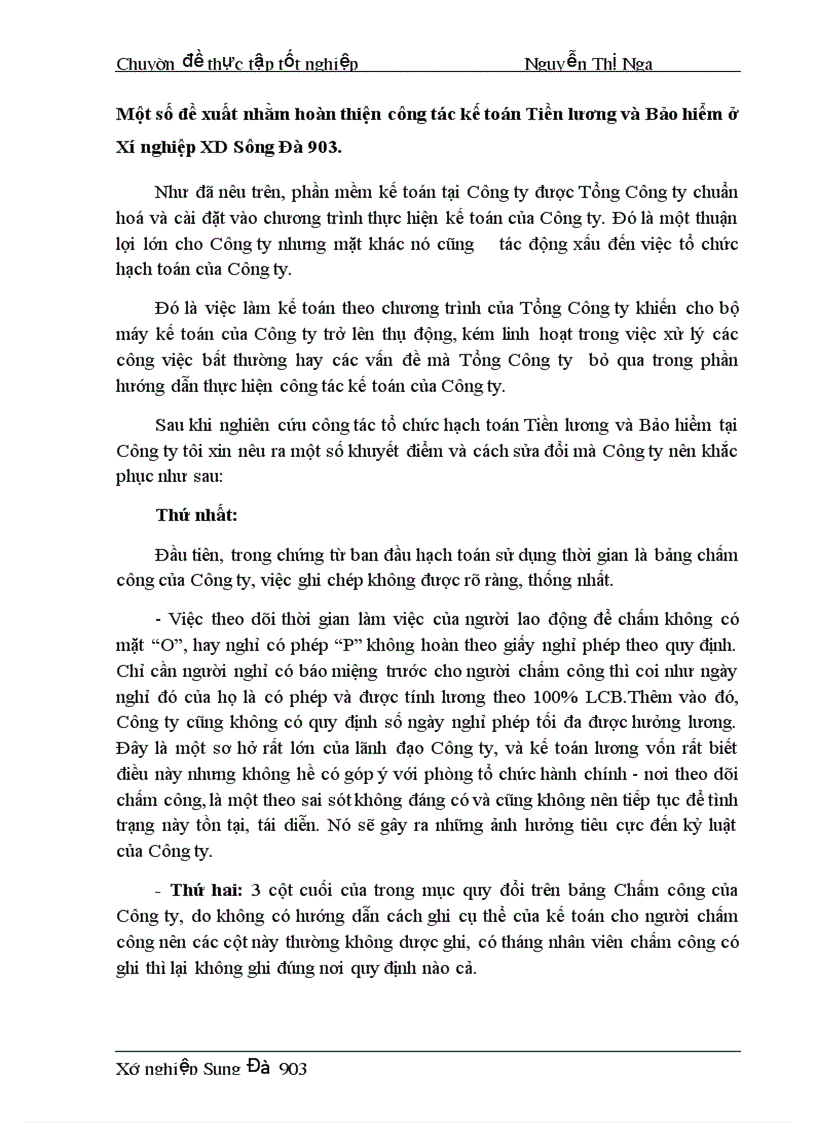 Một số đề xuất nhằm hoàn thiện công tác kế toán Tiền lương và Bảo hiểm ở Xí nghiệp XD Sông Đà 903
