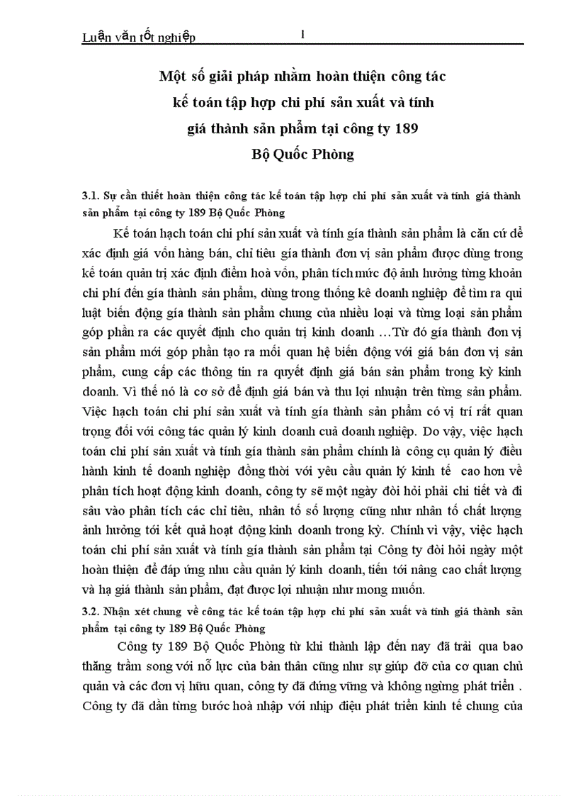 Một số giải pháp nhằm hoàn thiện công tác kế toán tập hợp chi phí sản xuất và tính giá thành sản phẩm tại công ty 189 Bộ Quốc Phòng