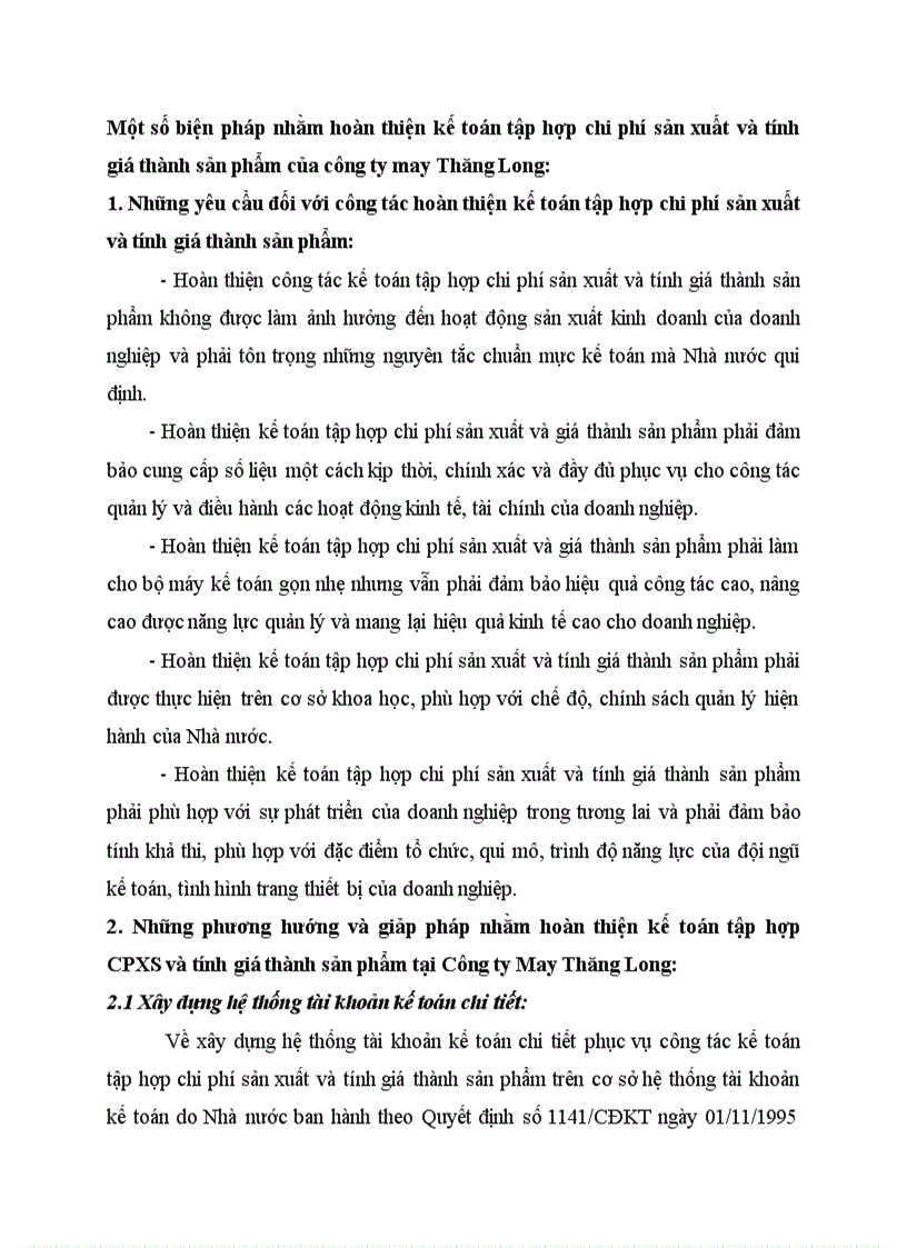 Một số biện pháp nhằm hoàn thiện kế toán tập hợp chi phí sản xuất và tính giá thành sản phẩm của công ty may Thăng Long