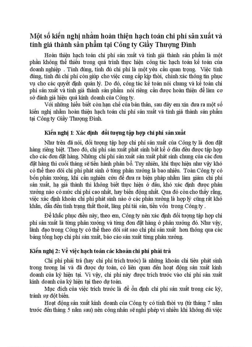 Một số kiến nghị nhằm hoàn thiện hạch toán chi phí sản xuất và tính giá thành sản phẩm tại Công ty Giầy Thượng Đình