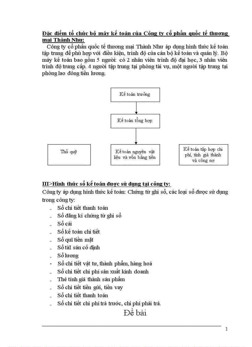 Đặc điểm tổ chức bộ máy kế toán của Công ty cổ phần quốc tế thương mại Thành Như