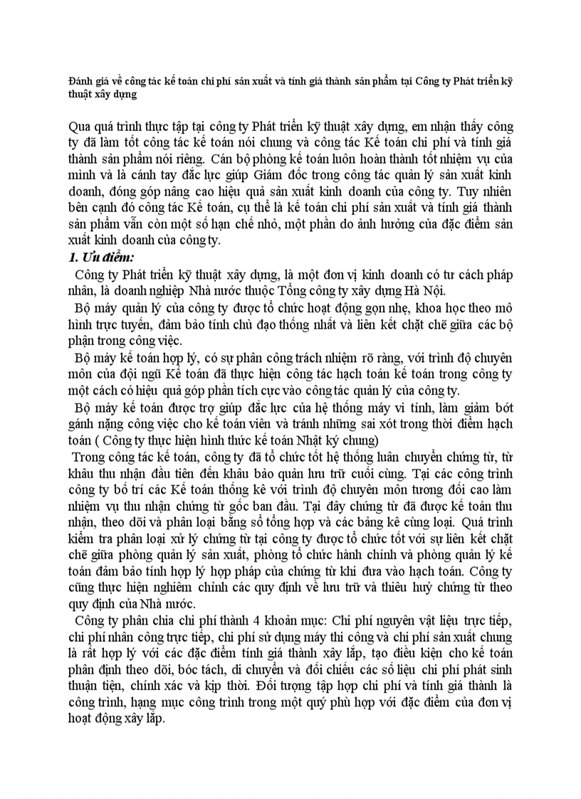 Đánh giá về công tác kế toán chi phí sản xuất và tính giá thành sản phẩm tại Công ty Phát triển kỹ thuật xây dựng