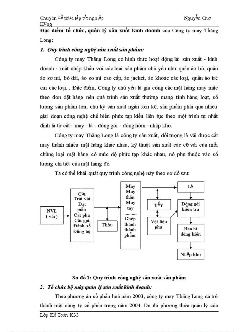 Đặc điểm tổ chức quản lý sản xuất kinh doanh của Công ty may Thăng Long