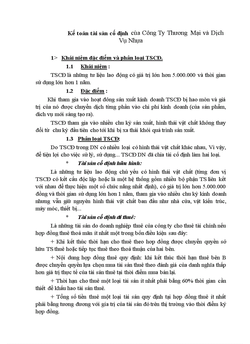 Kế toán tài sản cố định của Công Ty Thương Mại và Dịch Vụ Nhựa
