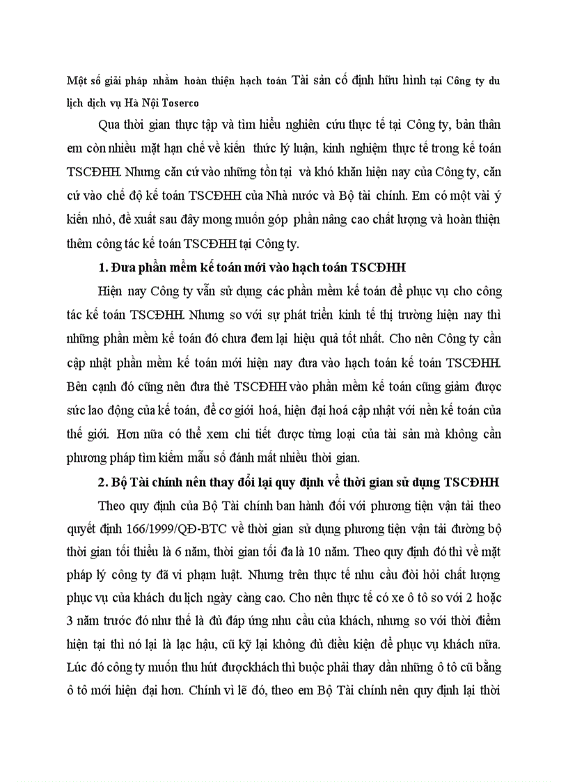 Một số giải pháp nhằm hoàn thiện hạch toán Tài sản cố định hữu hình tại Công ty du lịch dịch vụ Hà Nội Toserco