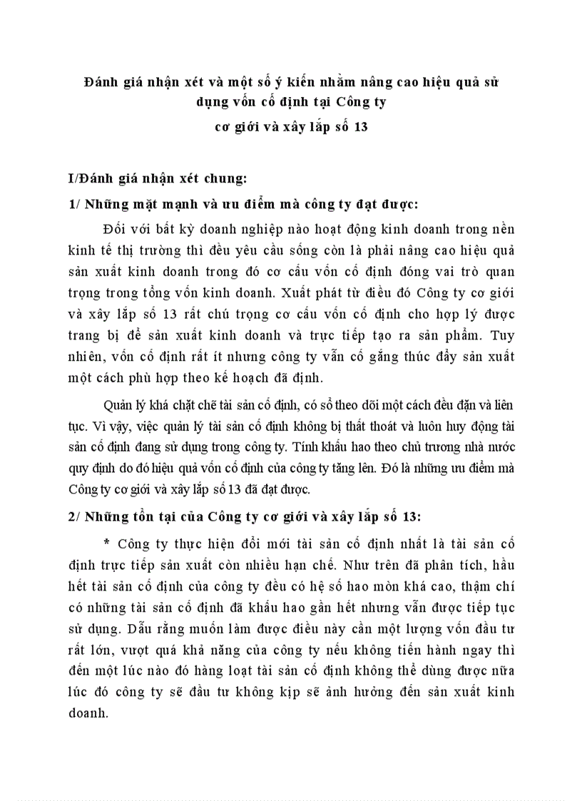 Đánh giá nhận xét và một số ý kiến nhằm nâng cao hiệu quả sử dụng vốn cố định tại Công ty cơ giới và xây lắp số 13