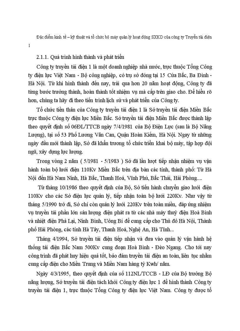 Đặc điểm kinh tế kỹ thuật và tổ chức bộ máy quản lý hoạt động sản xuất kinh doanh của công ty Truyển tải điện 1