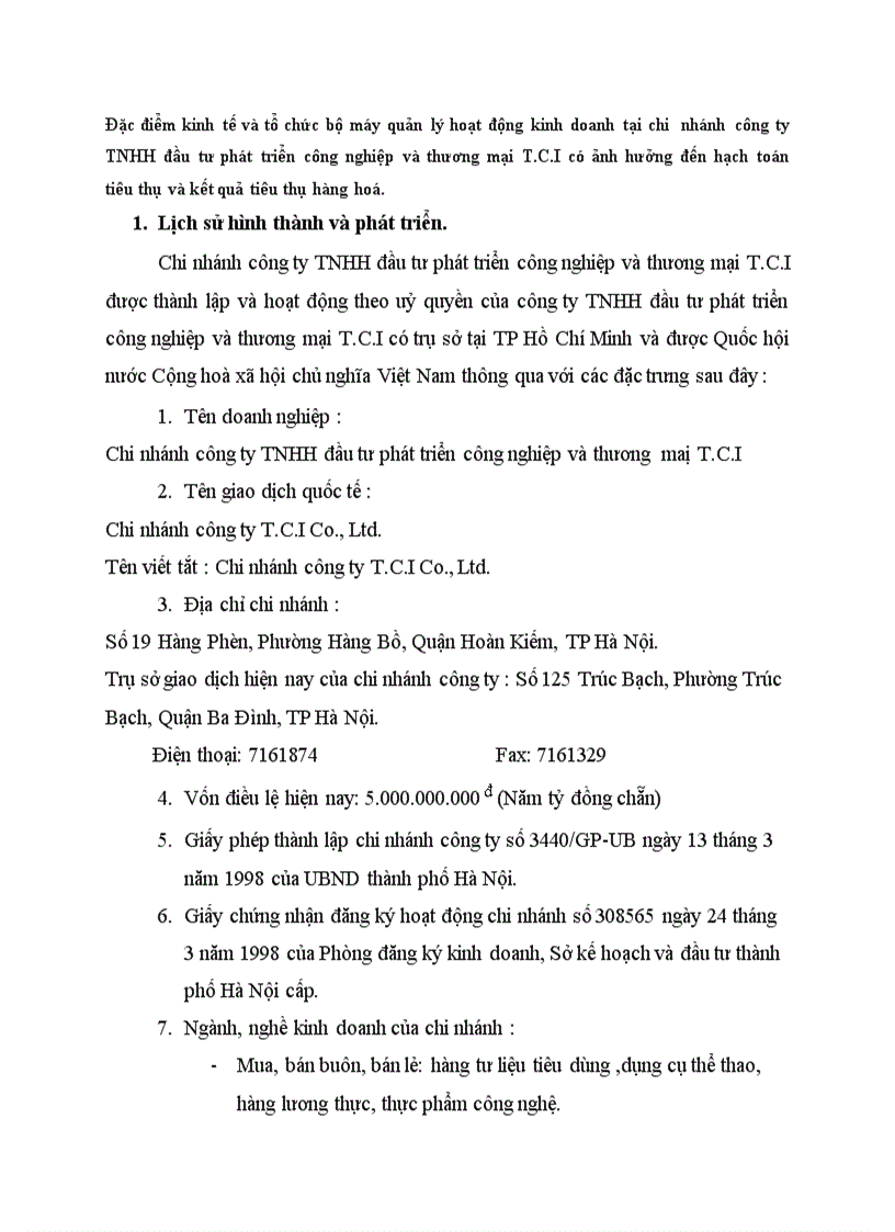 Đặc điểm kinh tế và tổ chức bộ máy quản lý hoạt động kinh doanh tại chi nhánh công ty TNHH đầu tư phát triển công nghiệp và thương mại T C I có ảnh hưởng đến hạch toán tiêu thụ và kết quả