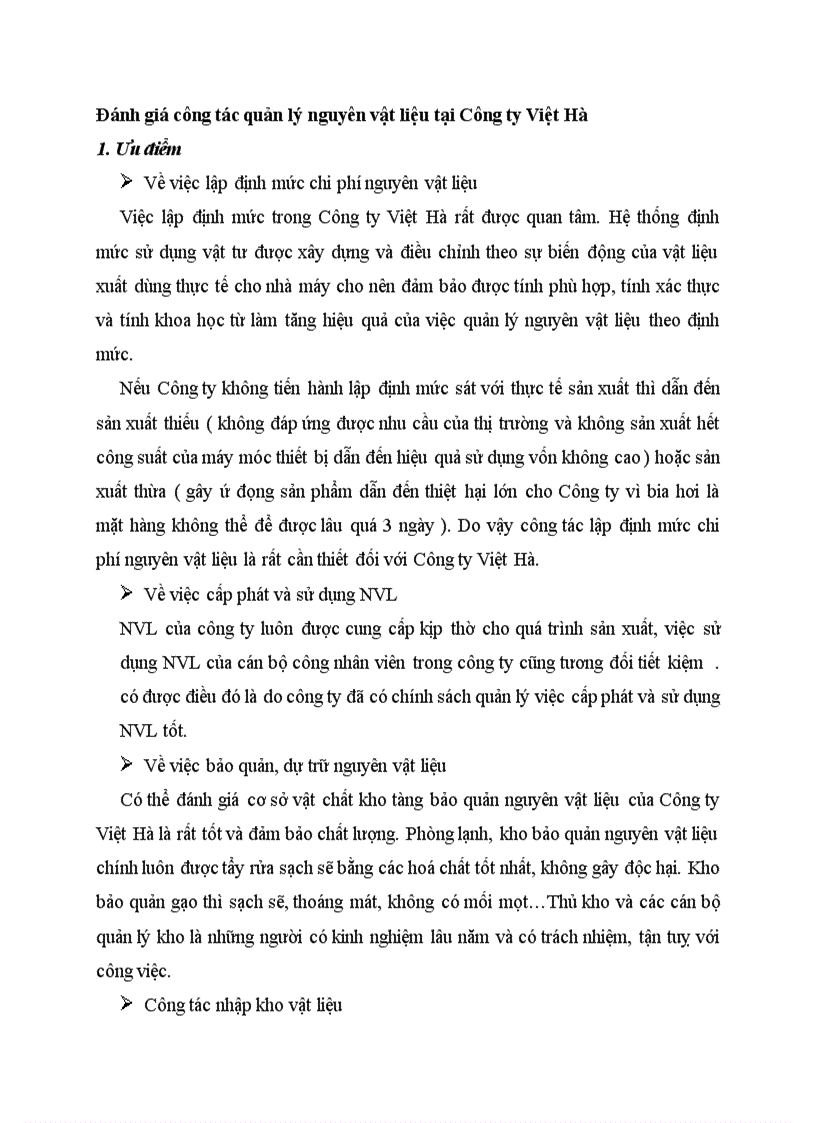 Đánh giá công tác quản lý nguyên vật liệu tại Công ty Việt Hà