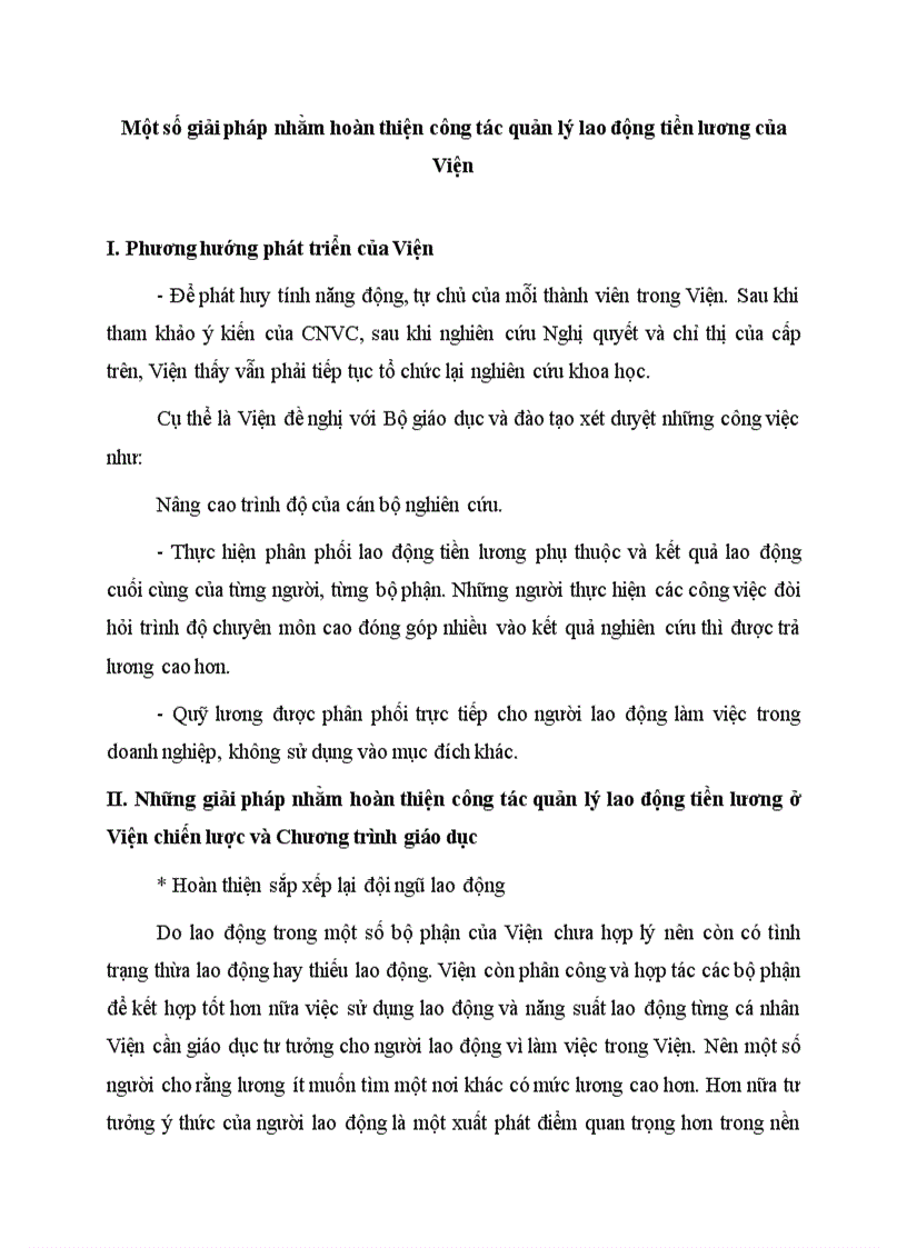 Một số giải pháp nhằm hoàn thiện công tác quản lý lao động tiền lương của Viện chiến lược và Chương trình giáo dục