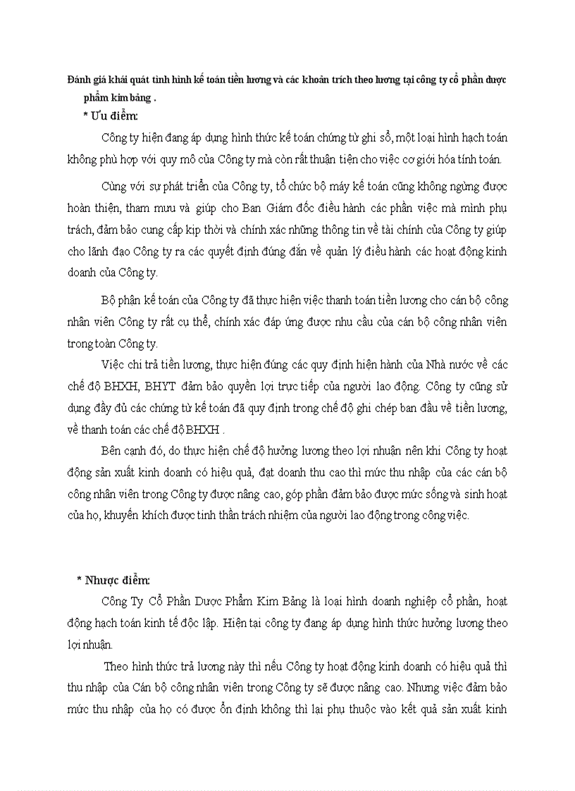 Đánh giá khái quát tình hình kế toán tiền lương và các khoản trích theo lương tại công ty cổ phần dược phẩm kim bảng