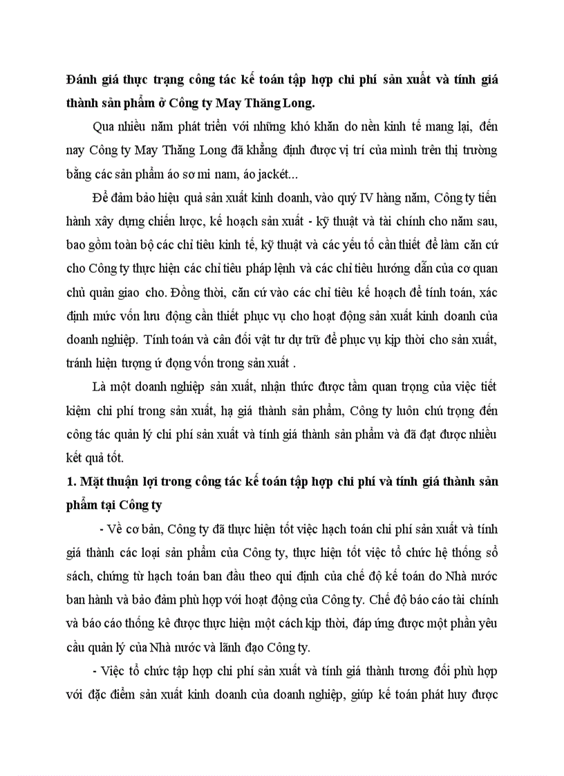Đánh giá thực trạng công tác kế toán tập hợp chi phí sản xuất và tính giá thành sản phẩm ở Công ty May Thăng Long
