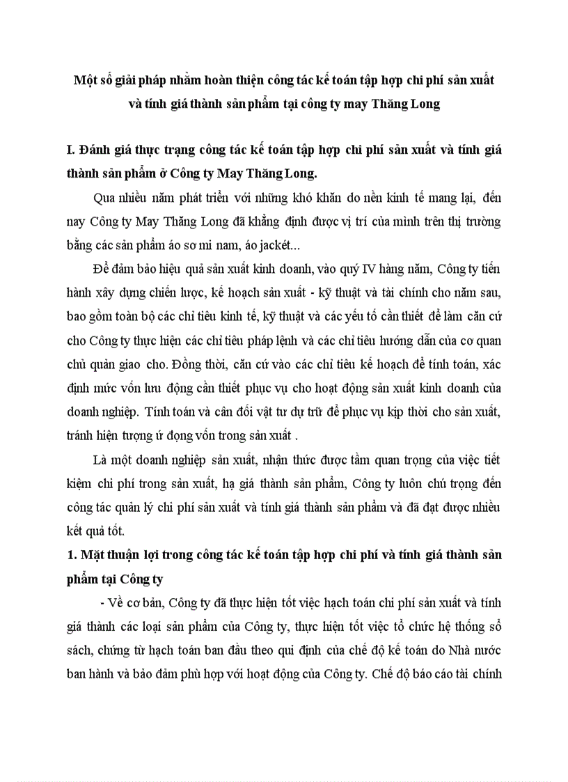 Một số giải pháp nhằm hoàn thiện công tác kế toán tập hợp chi phí sản xuất và tính giá thành sản phẩm tại công ty may Thăng Long