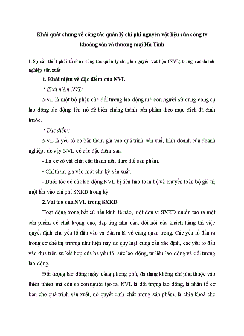 Khái quát chung về công tác quản lý chi phí nguyên vật liệu của công ty khoáng sản và thương mại Hà Tĩnh