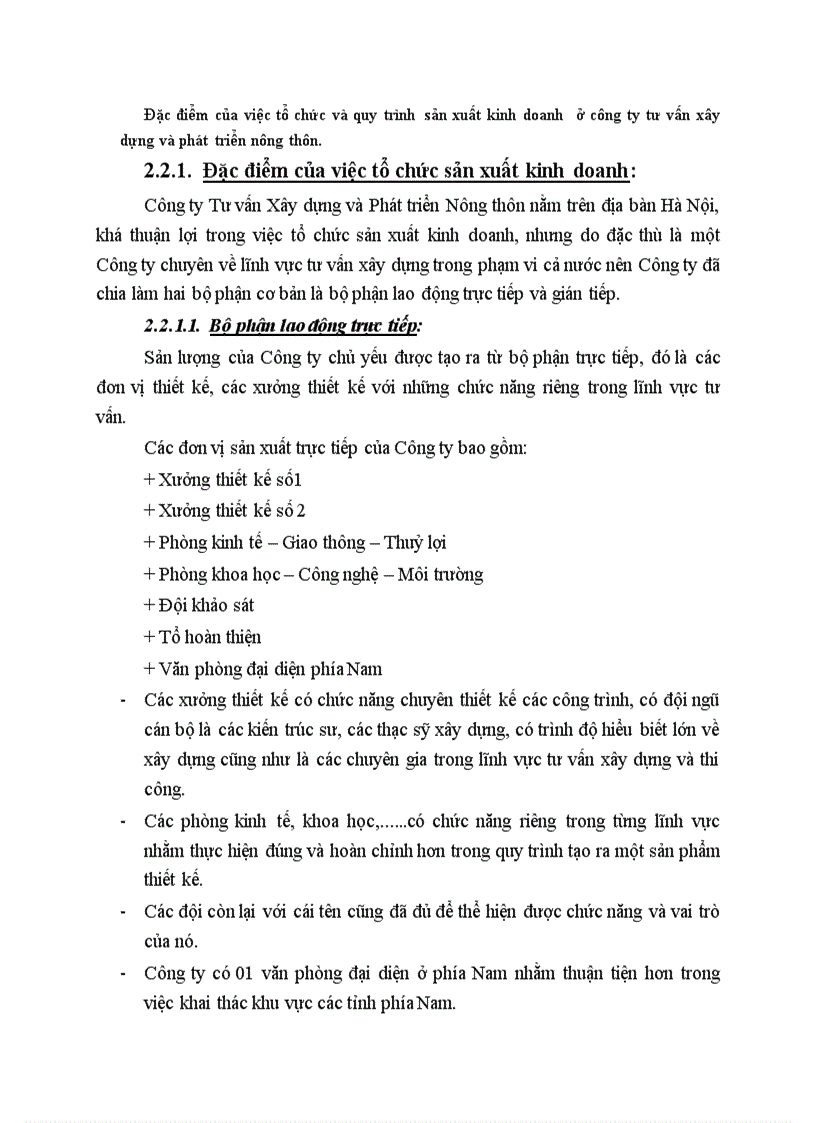 Đặc điểm của việc tổ chức và quy trình sản xuất kinh doanh ở công ty tư vấn xây dựng và phát triển nông thôn