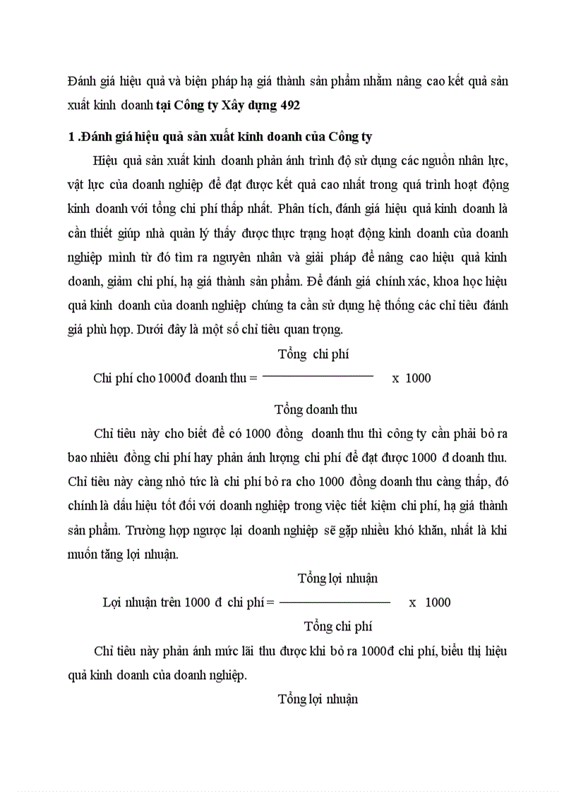 Đánh giá hiệu quả và biện pháp hạ giá thành sản phẩm nhằm nâng cao kết quả sản xuất kinh doanh tại Công ty Xây dựng 492