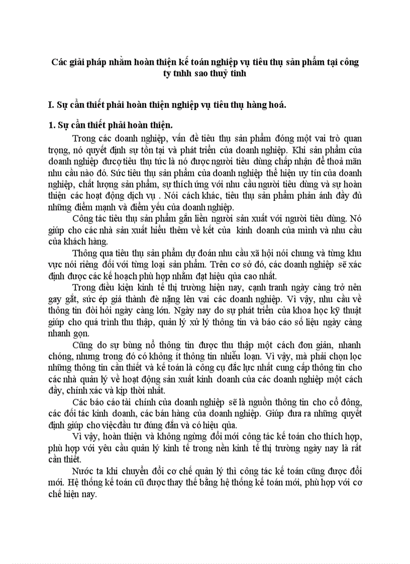Các giải pháp nhằm hoàn thiện kế toán nghiệp vụ tiêu thụ sản phẩm tại công ty tnhh sao thuỷ tinh