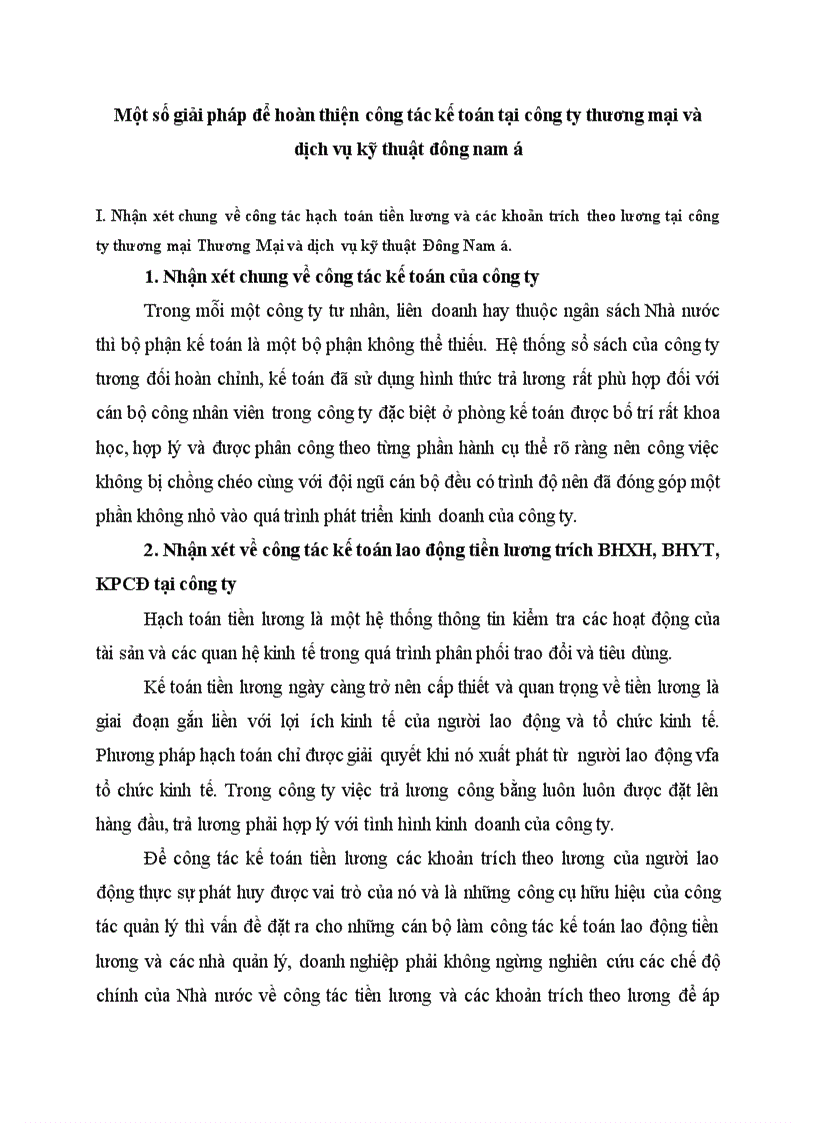 Một số giải pháp để hoàn thiện công tác kế toán tại công ty thương mại và dịch vụ kỹ thuật đông nam á