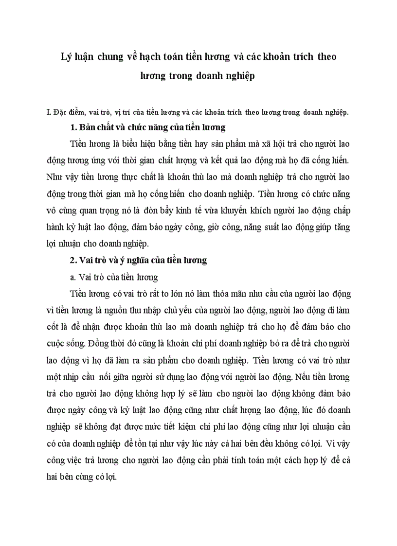 Lý luận chung về hạch toán tiền lương và các khoản trích theo lương trong doanh nghiệp