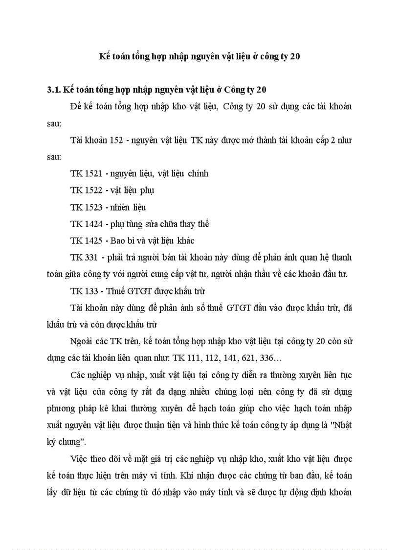 Kế toán tổng hợp nhập nguyên vật liệu ở công ty 20