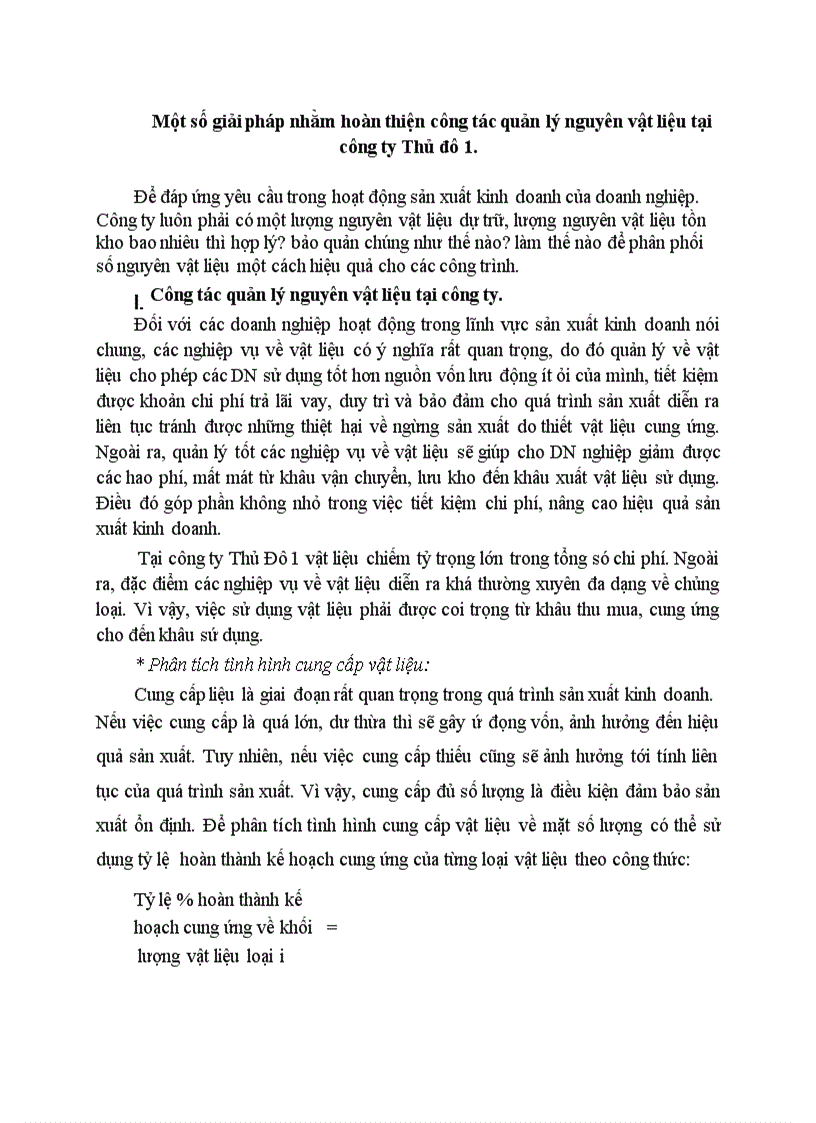 Một số giải pháp nhằm hoàn thiện công tác quản lý nguyên vật liệu tại công ty Thủ đô 1