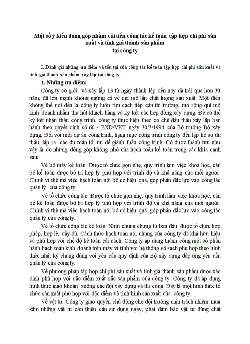 Một số ý kiến đóng góp nhằm cải tiến công tác kế toán tập hợp chi phí sản xuất và tính giá thành sản phẩm tại công ty