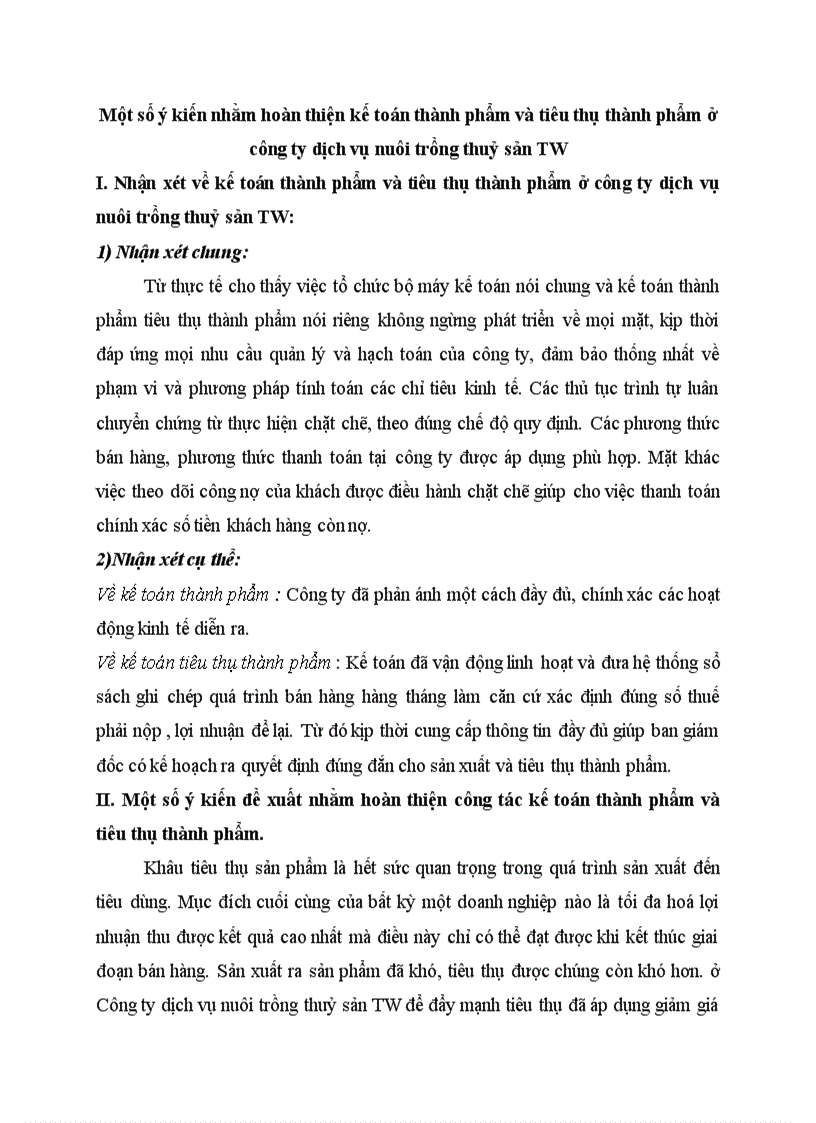 Một số ý kiến nhằm hoàn thiện kế toán thành phẩm và tiêu thụ thành phẩm ở công ty dịch vụ nuôi trồng thuỷ sản TW