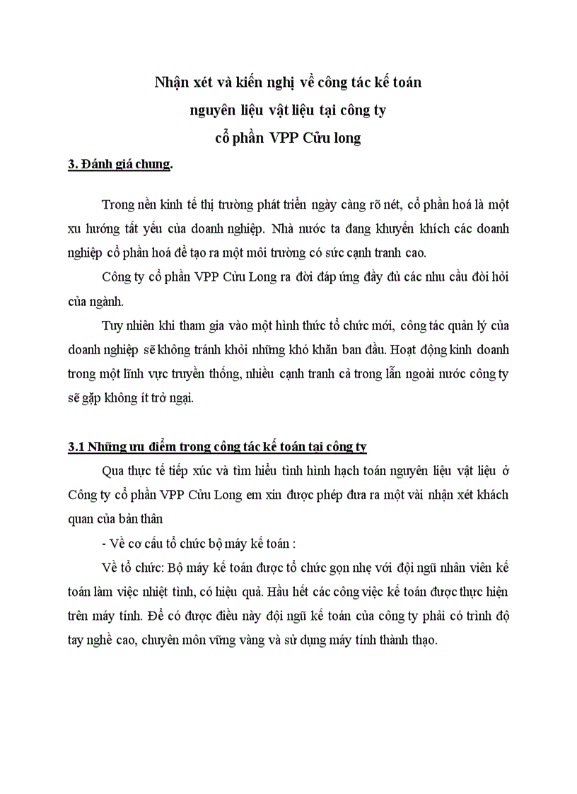 Nhận xét và kiến nghị về công tác kế toán nguyên liệu vật liệu tại công ty cổ phần VPP Cửu long