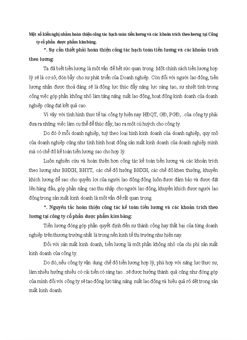 Một số kiến nghị nhằm hoàn thiện công tác hạch toán tiền lương và các khoản trích theo lương tại Công ty cổ phần dược phẩm kim bảng